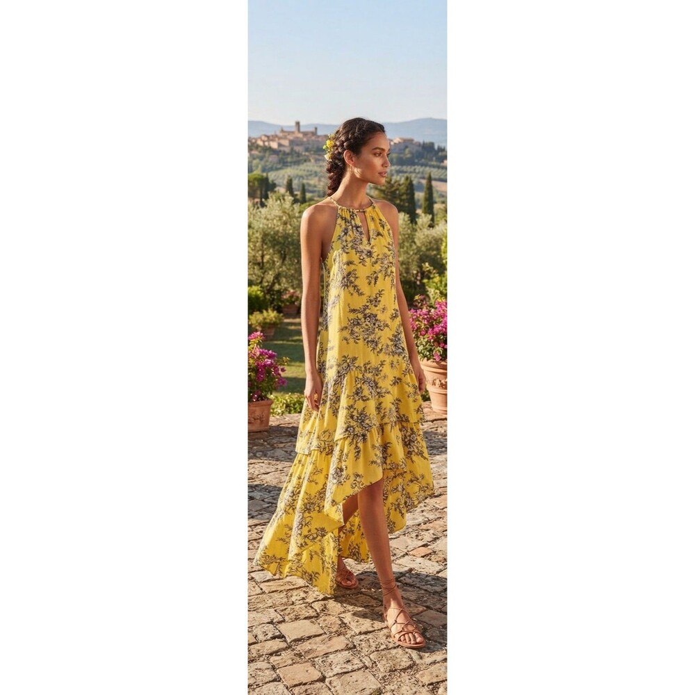 Mlle Gabrielle Floral Halter High-Low Maxi Dress Womens Plus Size 2X Yellow New